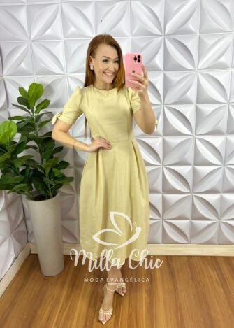 Vestido Linho Godê Mídi Com Manga Princesa Carmem - Manteiga - Milla Chic