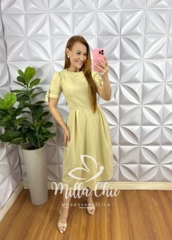 Vestido Linho Godê Mídi Com Manga Princesa Carmem - Manteiga - Milla Chic