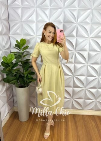 Vestido Linho Godê Mídi Com Manga Princesa Carmem - Manteiga - Milla Chic