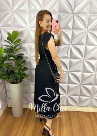 Vestido Cambraia de Linho Com Poliéster Manga Muscle Com Zíper Naiane - Preto - Milla Chic