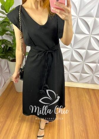 Vestido Cambraia de Linho Com Poliéster Manga Muscle Com Zíper Naiane - Preto - Milla Chic