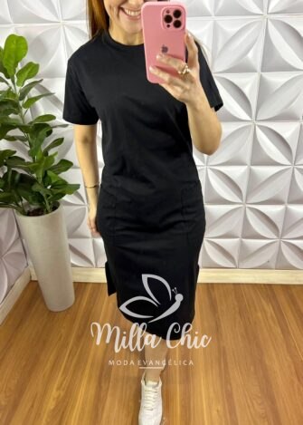 Vestido Moletinho Mídi Com Bolsos Nas Laterais Lívia - Preto - Milla Chic