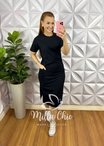 Vestido Moletinho Mídi Com Bolsos Nas Laterais Lívia - Preto - Milla Chic