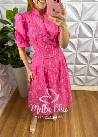 Vestido No Lesie 3D Manga Princesa Mídi Kerolen - Pink - Milla Chic