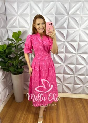 Vestido No Lesie 3D Manga Princesa Mídi Kerolen - Pink - Milla Chic