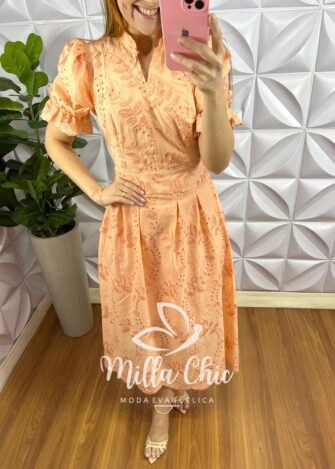 Vestido No Lesie 3D Manga Princesa Mídi Kerolen - Salmão - Milla Chic