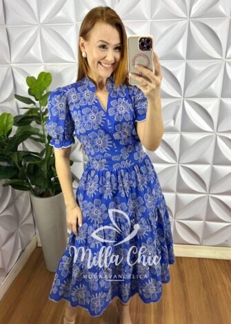 Vestido No Lesie Manga Princesa Mídi Kerolen - Azul - Milla Chic