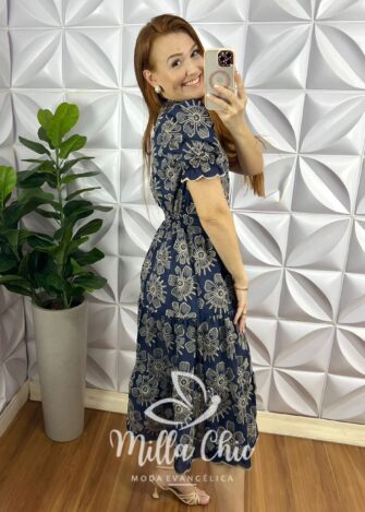 Vestido No Lesie Manga Princesa Mídi Kerolen - Azul Marinho - Milla Chic