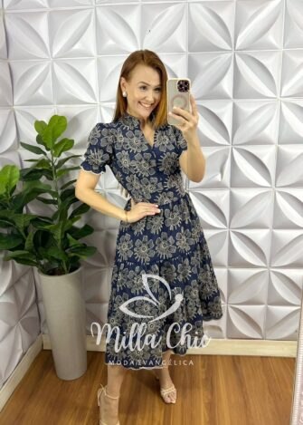 Vestido No Lesie Manga Princesa Mídi Kerolen - Azul Marinho - Milla Chic