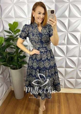 Vestido No Lesie Manga Princesa Mídi Kerolen - Azul Marinho - Milla Chic