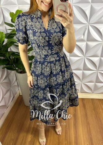 Vestido No Lesie Manga Princesa Mídi Kerolen - Azul Marinho - Milla Chic