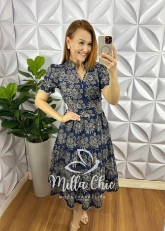 Vestido No Lesie Manga Princesa Mídi Kerolen - Azul Marinho - Milla Chic