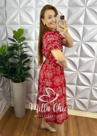 Vestido No Lesie Manga Princesa Mídi Kerolen - Vermelho - Milla Chic