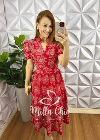 Vestido No Lesie Manga Princesa Mídi Kerolen - Vermelho - Milla Chic