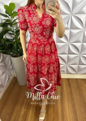 Vestido No Lesie Manga Princesa Mídi Kerolen - Vermelho - Milla Chic