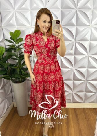 Vestido No Lesie Manga Princesa Mídi Kerolen - Vermelho - Milla Chic