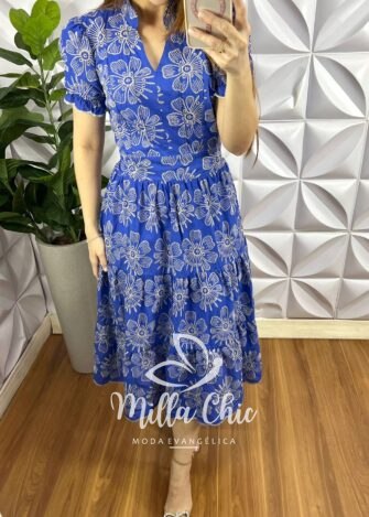 Vestido No Lesie Manga Princesa Mídi Kerolen - Azul - Milla Chic