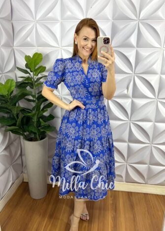 Vestido No Lesie Manga Princesa Mídi Kerolen - Azul - Milla Chic