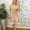Vestido No Viscolinho Curto Manga Com Faixa Cinto Estampado Katia - Areia - Milla Chic