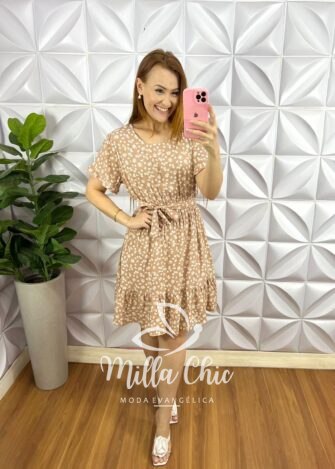 Vestido No Viscolinho Curto Manga Com Faixa Cinto Estampado Katia - Areia - Milla Chic