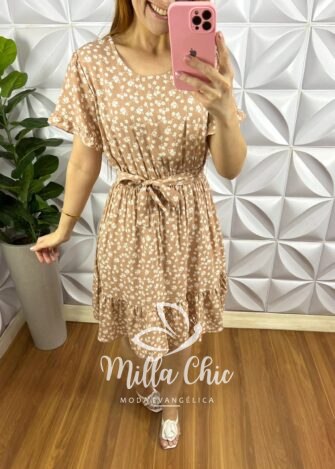 Vestido No Viscolinho Curto Manga Com Faixa Cinto Estampado Katia - Areia - Milla Chic