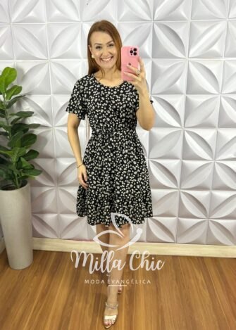 Vestido No Viscolinho Curto Manga Com Faixa Cinto Estampado Katia - Preto - Milla Chic