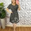 Vestido No Viscolinho Curto Manga Com Faixa Cinto Estampado Katia - Preto - Milla Chic