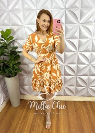 Vestido No Viscose Curto Manga Com Babadinho Estampado Fabia - Laranja e areia - Milla Chic