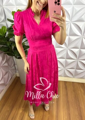 Vestido Rayon Acetinado Manga Princesa Mídi Jasmim - Pink - Milla Chic