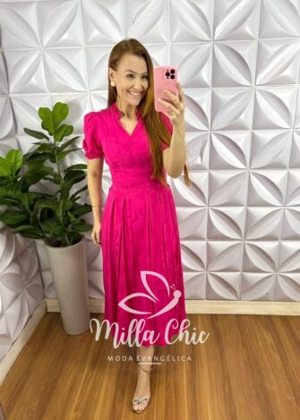 Vestido Rayon Acetinado Manga Princesa Mídi Jasmim - Pink - Milla Chic