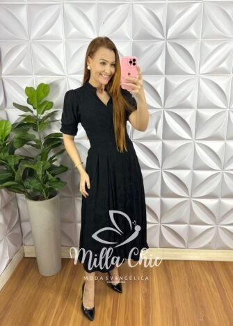 Vestido Rayon Acetinado Manga Princesa Mídi Jasmim - Preto - Milla Chic