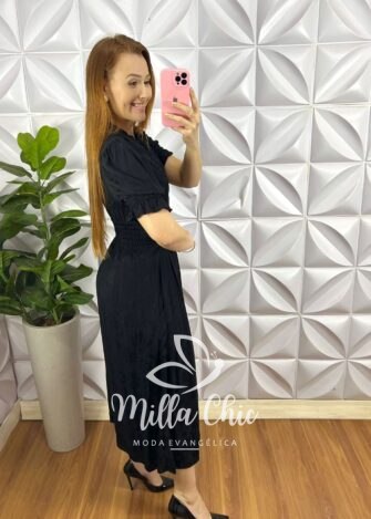 Vestido Rayon Acetinado Manga Princesa Mídi Jasmim - Preto - Milla Chic
