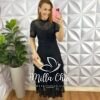 Vestido Renda Chantilly Gola Alta Com Babados Louise - Preto - Milla Chic