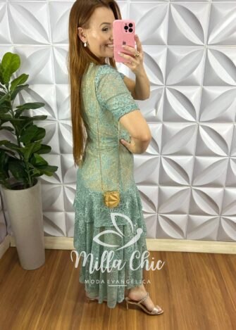 Vestido Renda Chantilly Gola Alta Com Babados Louise - Verde Tiffany - Milla Chic