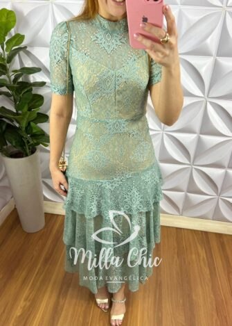Vestido Renda Chantilly Gola Alta Com Babados Louise - Verde Tiffany - Milla Chic