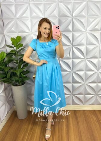 Vestido Tricoline 100% Algodão Mídi Com Pregas Celeste - Rosa - Milla Chic