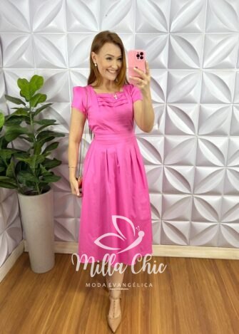 Vestido Tricoline 100% Algodão Mídi Com Pregas Celeste - Rosa - Milla Chic