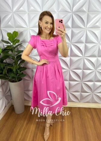 Vestido Tricoline 100% Algodão Mídi Com Pregas Celeste - Rosa - Milla Chic