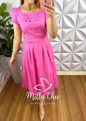 Vestido Tricoline 100% Algodão Mídi Com Pregas Celeste - Rosa - Milla Chic