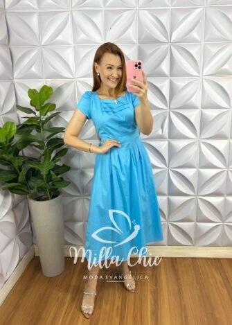 Vestido Tricoline 100% Algodão Mídi Com Pregas Celeste - Rosa - Milla Chic