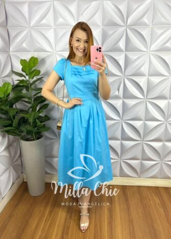 Vestido Tricoline 100% Algodão Mídi Com Pregas Celeste - Rosa - Milla Chic