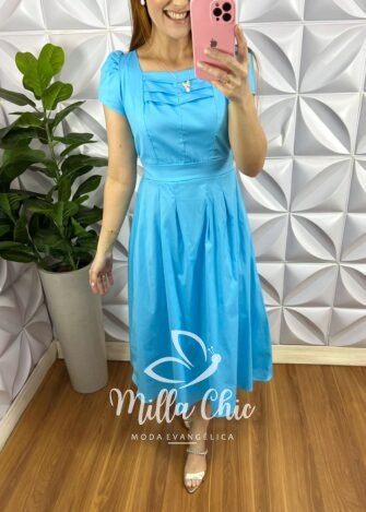 Vestido Tricoline 100% Algodão Mídi Com Pregas Celeste - Rosa - Milla Chic