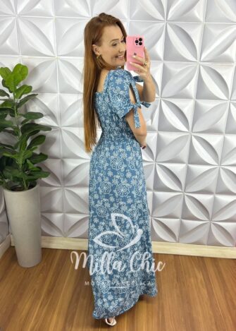 Vestido Tricoline Longo Com Bojo e Drapeados Meire - Azul - Milla Chic
