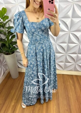 Vestido Tricoline Longo Com Bojo e Drapeados Meire - Azul - Milla Chic