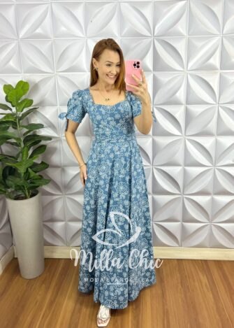 Vestido Tricoline Longo Com Bojo e Drapeados Meire - Azul - Milla Chic