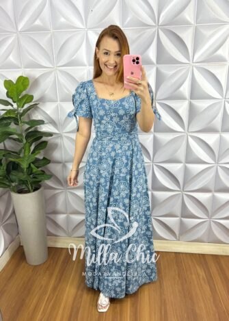 Vestido Tricoline Longo Com Bojo e Drapeados Meire - Azul - Milla Chic