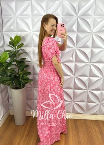 Vestido Tricoline Longo Com Bojo e Drapeados Meire - Rosa - Milla Chic