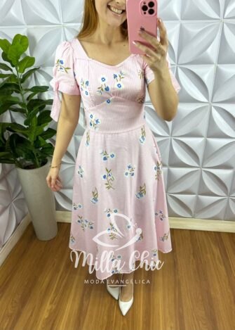 Vestido Tricoline Mídi Estampado Com Zíper Daniele - Rosa - Milla Chic