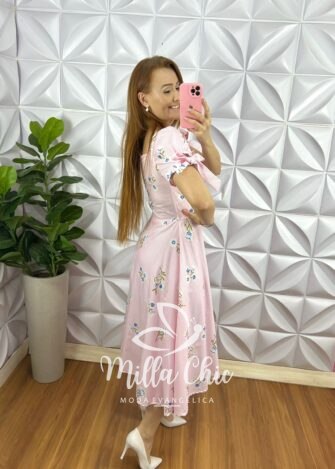 Vestido Tricoline Mídi Estampado Com Zíper Daniele - Rosa - Milla Chic