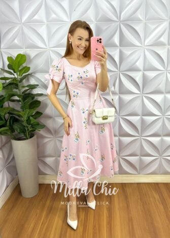 Vestido Tricoline Mídi Estampado Com Zíper Daniele - Rosa - Milla Chic